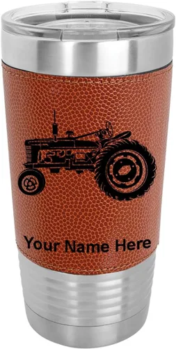 Vista 12 de LaserGram Vaso aislado al vacío de 20 onzas, Old Farm Tractor, grabado personalizado incluido (piel sintética, estilo béisbol) Engraved Gift, Faux