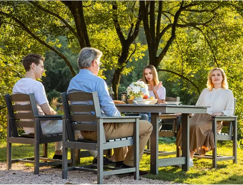 Vista 8 de SERWALL Juego de Mesa de Comedor de HDPE para Exteriores, Juego de 7 Piezas de Mesa de Comedor al Aire Libre con Mesa con Corte para Agujero de Gris