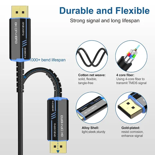 Vista 4 de Cable de fibra óptica DP de 8 K de 33 pies/32.8 ft, 8K @60Hz, 4K @144Hz, cable Displayport 1.4 de 32.4 Gbps, conector chapado en oro, cable delgado