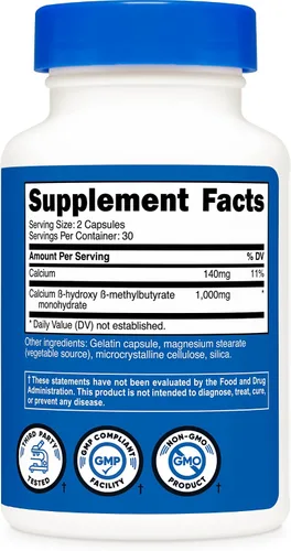 Vista 5 de Nutricost HMB (As Calcio Beta-hidroxi beta-metilbutirato) 1,000 mg, 60 cápsulas – 500 mg por cápsula, sin OMG, sin gluten, 30 porciones