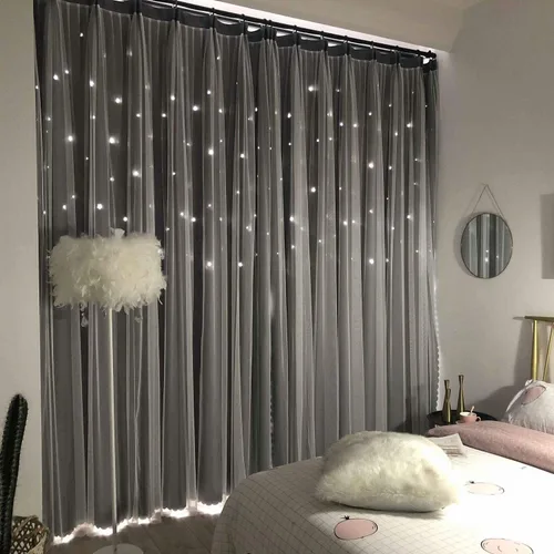 Vista 13 de UNISTAR - 2 paneles de cortinas opacas y transparentes con estrellas para dormitorio de niñas, niños, habitación de bebé, cortinas de doble capa