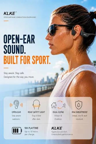 Vista 2 de Auriculares de conducción ósea de oído abierto, IP66 impermeable, auriculares con transductor integrado para correr con modo dual, luz de seguridad