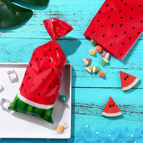 Vista 4 de 100 bolsas de sandía para dulces de celofán, bolsas de plástico de melón a granel con 200 lazos giratorios para regalo de fiesta de cumpleaños