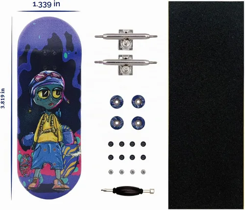 Vista 2 de Pro Patineta para dedos 34mm de madera con camiones profesionales y ruedas CNC (Alien)