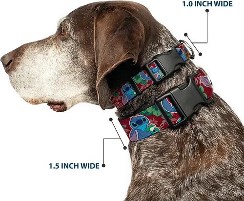 Vista 2 de Buckle-Down Collar de clip de plástico – Stitch 6-Expressions Tropical Flora Borgoña Rojos/Verdes – 1 pulgada de ancho – Se adapta a 9-15 pulgadas