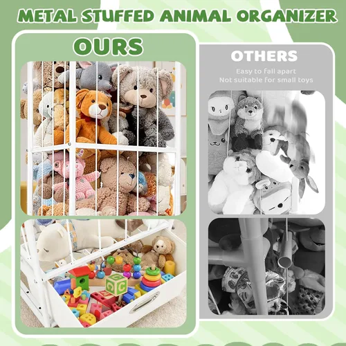 Vista 6 de Almacenamiento para Animales de Peluche, Soporte de Animales de Peluche de Metal con Cajón de Tela y Ruedas Organizador Vertical Alto de Juguetes