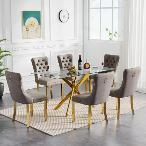 Vista 8 de Juego de mesa de comedor de cristal para cocina de 4, 5 piezas, mesa de comedor rectangular de 51 pulgadas con 4 sillas de cocina de terciopelo