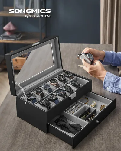 Vista 2 de SONGMICS Caja de reloj, Organizador de 12 relojes de hombre, Joyero con cerradura y llaves, Negro UJWB012