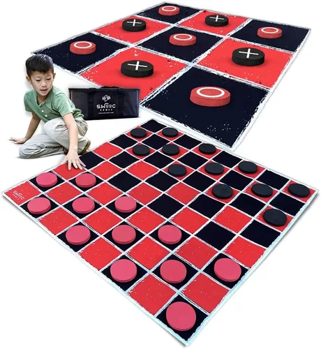 Vista 7 de Swooc Games® - Juego Vintage Gigante de Damas y Tres en Raya 2 en 1 con Tapete (3 pies x 3 pies) - Lona 100% Lavable a Máquina - Juegos Gigantes al
