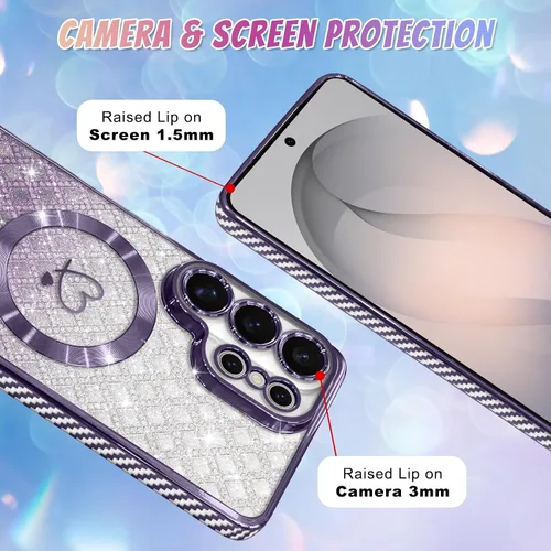 Vista 788 de Bonoma - Funda compatible con Samsung Galaxy S21 Plus, diseño de corazón con purpurina, color rosa Support for MagSafe, Plating Magnetic Case TPU