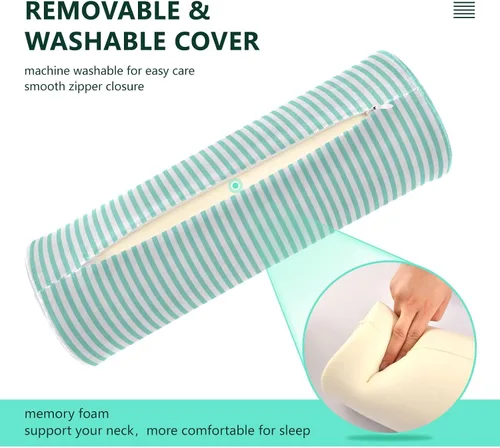 Vista 4 de Rollo cervical para el cuello, almohada redonda de rayas blancas y azul cielo, almohada lavable de espuma viscoelástica, almohada de refuerzo