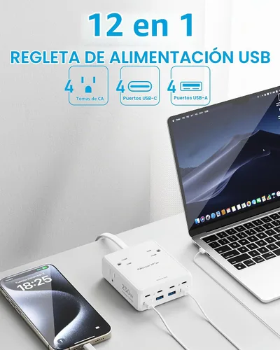 Vista 3 de Olcorife Tira de alimentación USB de 230 W, cable de extensión de enchufe plano ultrafino de 5 pies, 4 salidas de CA, 8 puertos USB