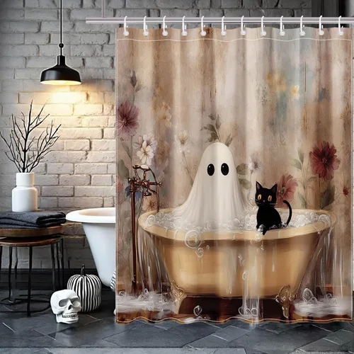 Vista 6 de Mocsicka Cortina de ducha de Halloween, diseño de gato fantasma, cortina de ducha para baño, academia oscura, bañera, juego de decoración de baño