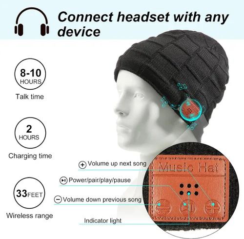 Vista 3 de Honoson El juego de gorros Bluetooth incluye 2 gorros inalámbricos con Bluetooth, guantes para pantalla táctil (negro, clásico)