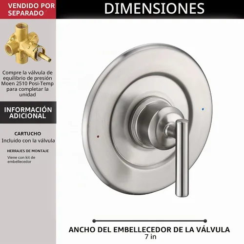 Vista 4 de Reemplazo para el kit de ajuste de válvula Posi-Temp Gibson T2901BN de Moen, níquel cepillado Brushed Nickel, Solid Metal, Pressure Balanced
