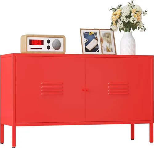 Vista 21 de Gabinete de almacenamiento de metal, soporte de TV de 2 puertas, armario decorativo con puertas y estante ajustable, armario de metal, mesita