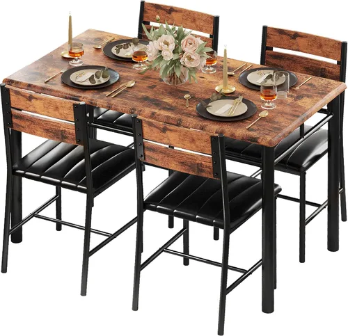 Vista 11 de Juego de mesa de comedor IRONCK para 4, mesa de cocina de madera con sillas tapizadas para cocina y comedor, juego de comedor compacto para espacios