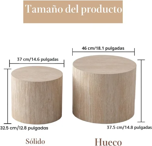 Vista 2 de Juego de 2 mesas auxiliares redondas de travertino de 18 pulgadas (travertino) for Living Room, Travertine Side End Table, Nested Design, Mid