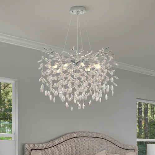 Vista 19 de Candelabro de Cristal Rama de Árbol Dorado Gota de Lluvia Redonda Lámpara Colgante con Borla Luminaria de Techo Colgante para Dormitorio Sala