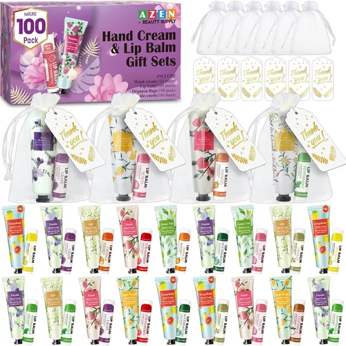 Vista 8 de AZEN 12 Sets Bulk Gifts, Hand Cream and Lip Balm Bulk Set with Organza Bag Thank You Card, Baby Shower Wedding Gifts for Guests, Bridal Wedding