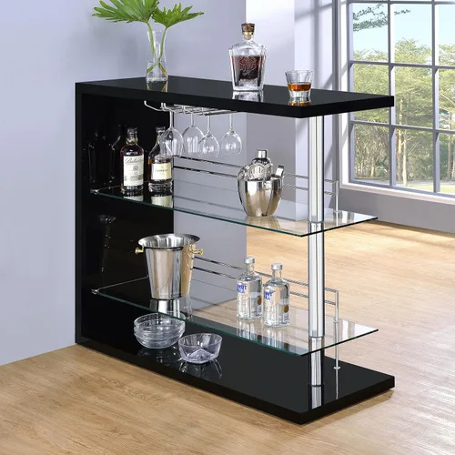 Vista 2 de Coaster Home Furnishings Prescott - Mesa rectangular para vino con estantes de vidrio templado transparente y estantes para copas - Comedor y bar