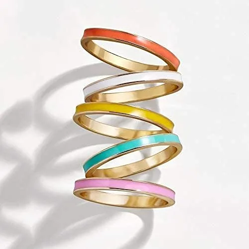 Vista 4 de YOOESTORES82 Juego de 5 anillos apilables simples y coloridos para mujeres, niñas y adolescentes. Conjuntos de anillos de nudillos esmaltados
