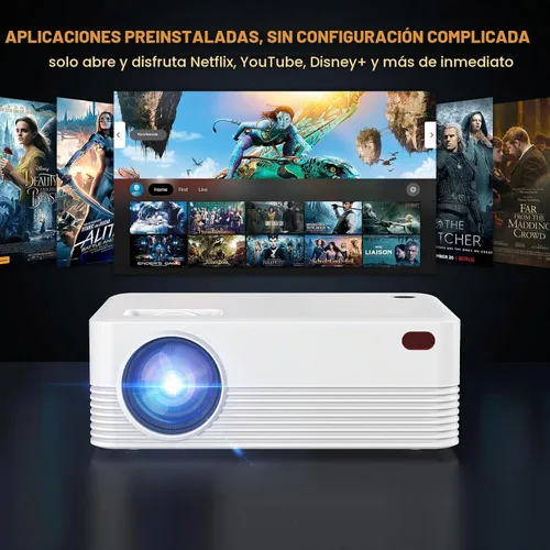 Vista 3 de Mini proyector, proyector portátil con WiFi y Bluetooth, proyector inteligente para exteriores con cable HDMI, 300 ANSI, corrección trapezoidal