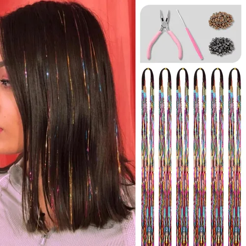 Vista 7 de Kit de oropel para el cabello con herramientas e instrucciones, fácil de usar, 12 colores, 2400 hebras de 48 pulgadas, extensiones de cabello