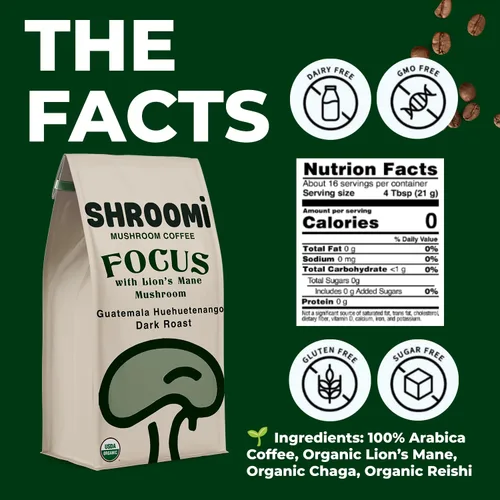 Vista 2 de Café Shroomi Mental Performance Galardonado Tueste Oscuro Orgánico de Comercio Justo de Guatemala 16,000mg de Cuerpos Fructíferos de Hongos