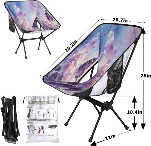 Vista 3 de Dreamy Purple Butterfly Flower Camping Chair - Portable Outdoor Folding Chair,Steel Tube X-Shaped Support,Comes with Side Storage Bags,Suitable for