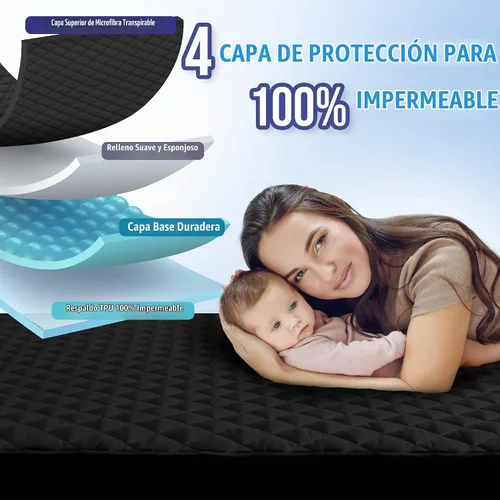 Vista 2 de Protector de colchón impermeable tamaño King, cubrecolchón acolchado transpirable, protector de colchón con bolsillo profundo de hasta 21 pulgadas