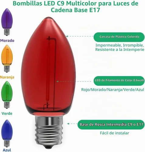 Vista 3 de Meconard Bombilla LED C9 de Repuesto para Luces Navideñas, Bombillas LED Irrompibles C9 para Cadenas de Luces Navideñas Exteriores, Base Intermedia