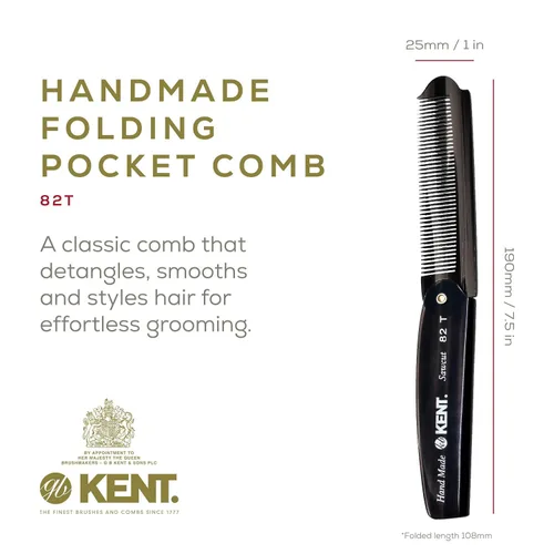 Vista 2 de Kent 82T Peine plegable hecho a mano para hombres, peine de pelo de dientes finos para el cuidado diario del cabello, barba o bigote, uso seco