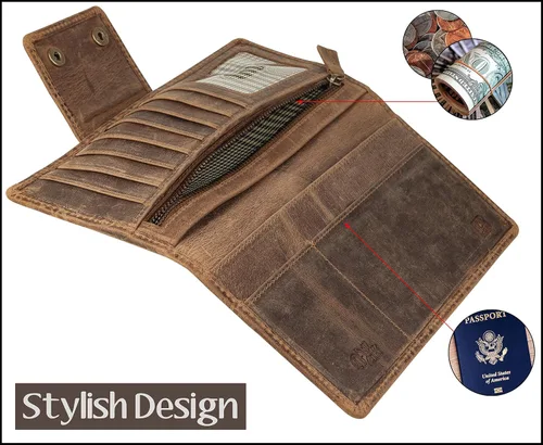 Vista 5 de Mou Meraki - Cartera larga de piel auténtica con bloqueo RFID, plegable vintage para hombre