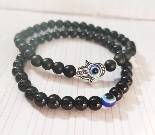 Vista 4 de RUIZHEN - 2 Pulseras elásticas con cuentas azules de ojo malvado, 7 chakras, piedra de lava, mano de Hamsa