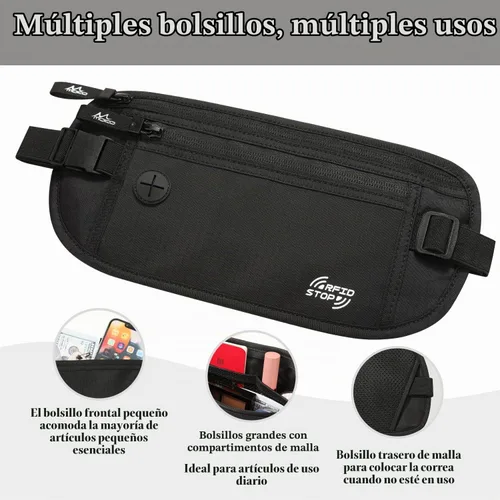 Vista 5 de MoKo Cinturón de dinero de viaje con bloqueo RFID, cartera oculta para Negro