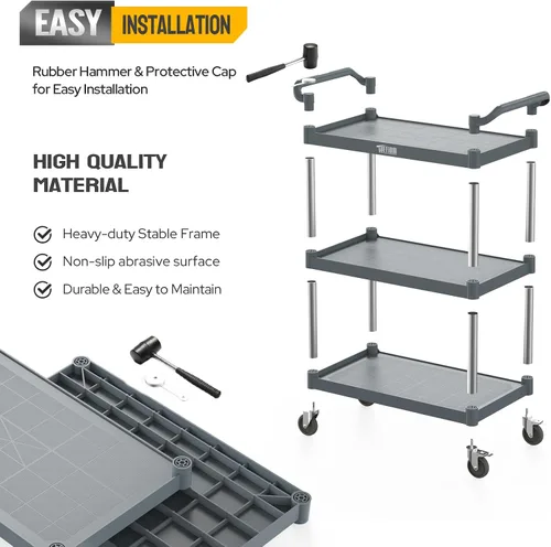 Vista 13 de TUFFIOM Carrito de servicio de plástico de 3 niveles con ruedas, resistente capacidad de 390 libras, rodante comercial, ideal para restaurantes