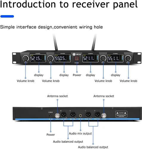 Vista 4 de W IN-MIX Sistema de micrófono inalámbrico UW140, juego de micrófono inalámbrico UHF de 4 canales con cuatro micrófonos de mano, frecuencia