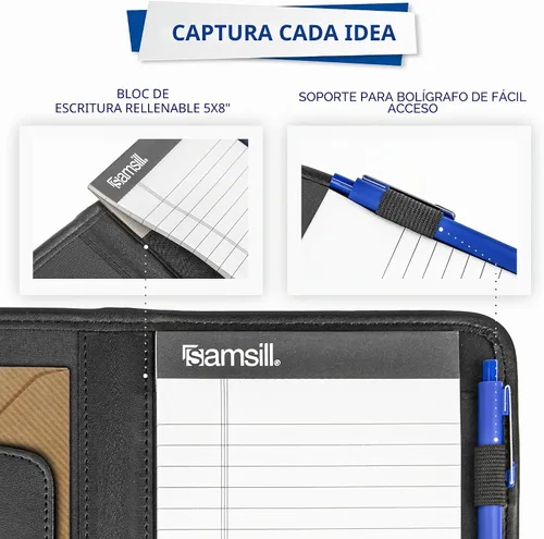 Vista 6 de Samsill Professional Padfolio, cartera mini de piel sintética, con bloc de notas de 5 x 8, color negro