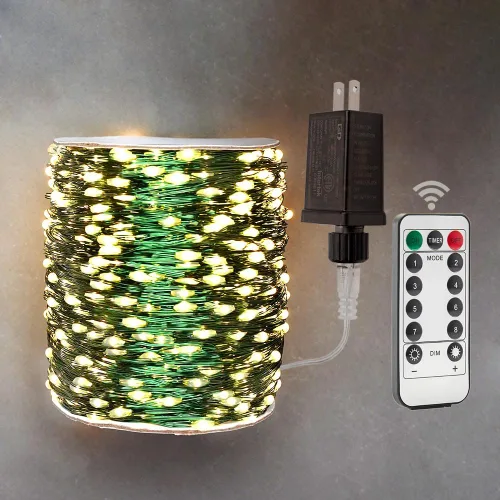 Vista 5 de Cadena de luces de hadas de alambre verde extra largas enchufables de 400 pies, 1200 LED de alta luminosidad, luces LED impermeables con control
