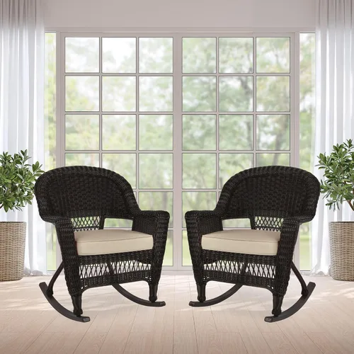 Vista 4 de Jeco Silla Rocker de mimbre con cojín bronceado, juego de 2, color espresso