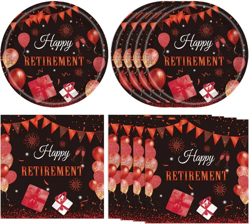 Vista 9 de Juego de 40 piezas de vajilla desechable para fiestas de jubilación para hombres y mujeres, color negro y plateado, incluye platos de jubilación