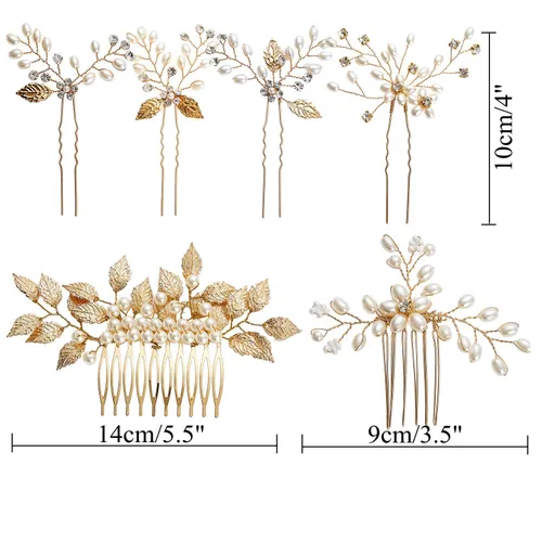 Vista 6 de inSowni Paquete de 26 peines laterales dorados para bodas y novias+horquillas en forma de U, pasadores para el cabello, pasadores de hojas, flores