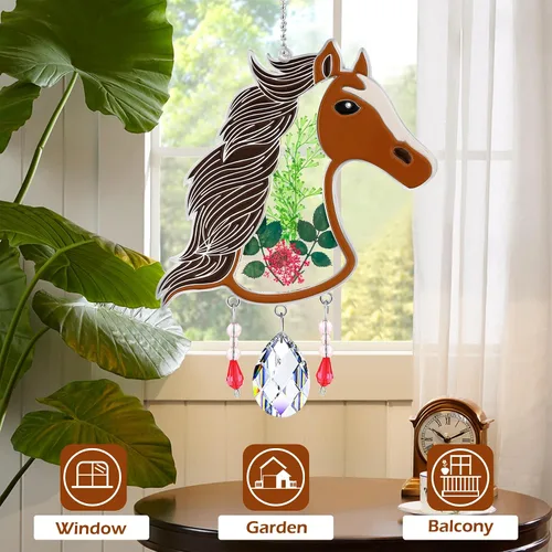 Vista 3 de KY&BOSAM Atrapasoles de cristal pintado a mano con cabeza de caballo, campanilla de viento con flor prensada incrustada en ventana de cristal, Día