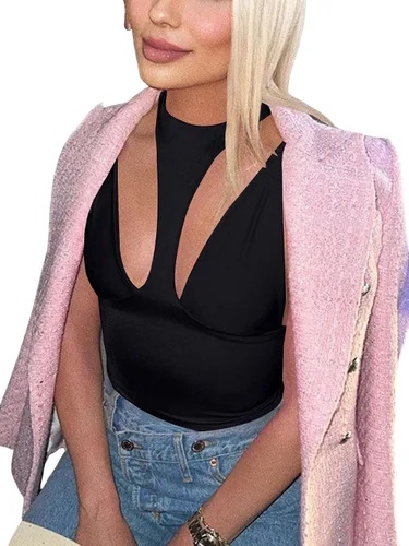 Vista 3 de Vrtige Body de leotardo sin mangas para mujer, cuello redondo, espalda cruzada, corte alto, sin mangas
