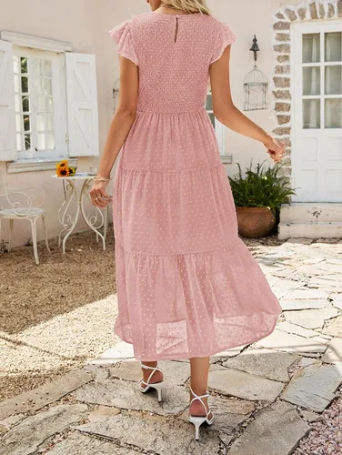 Vista 4 de MEROKEETY Vestido midi de manga corta con vuelo para mujer, vestido de verano con lunares suizos, vestidos escalonados fluidos