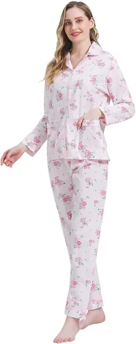 Vista 3 de Amaxer Conjunto de pijama 100% algodón para mujer, de manga larga, suave, con botones, con cordón elástico