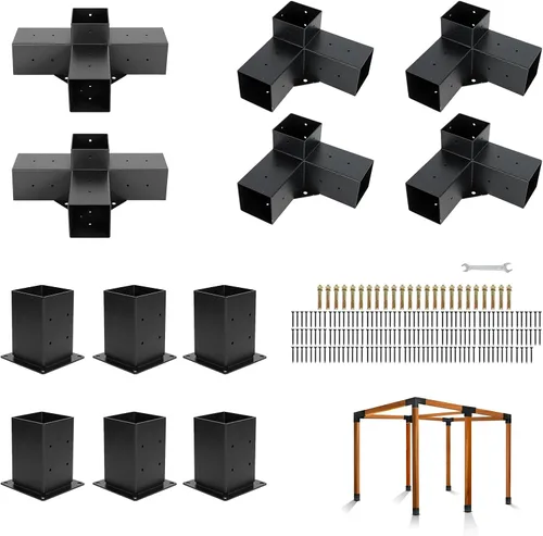 Vista 9 de Juego de 4 soportes para pérgola de 3 vías y bases de postes