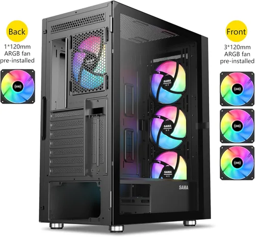 Vista 2 de SAMA 3509 ATX Mid Tower PC Case - Malla frontal de acero, panel lateral de vidrio templado con bisagras, 4 ventiladores ARGB preinstalados, USB 3.0