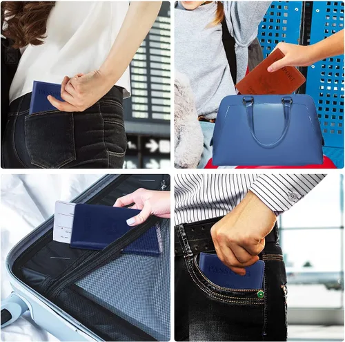 Vista 4 de Combo de soporte para pasaporte, pasaporte y tarjetero de vacunación, marrón + azul oscuro